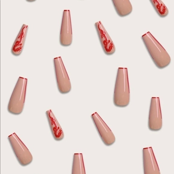 Tan And Red Dragon Decal long Press On Nails - Picture 3 of 8